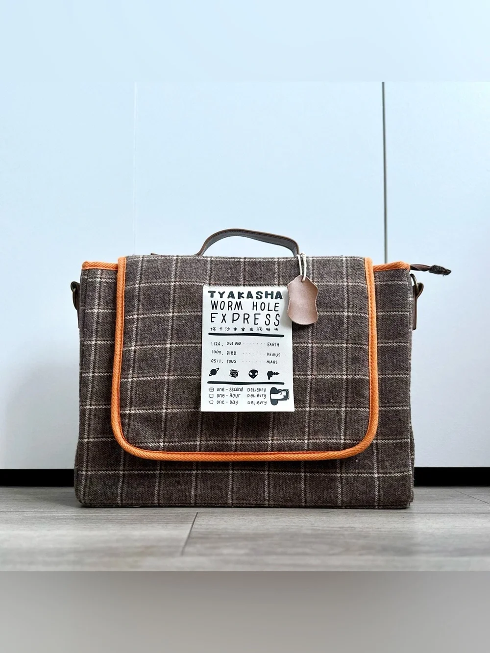 TYAKASHA Worm Hole Express Brown Plaid Tweed Satchel Laptop Bag